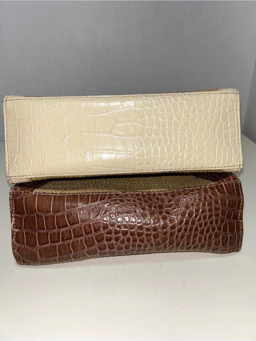 Liz Claiborne Y2K Ivory Brown Faux Leather Straw Satchel Handbag Set of 2 - Picture 13 of 13